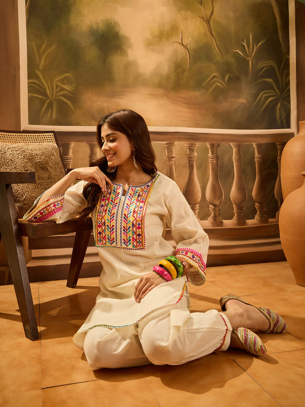 Pure Cotton Floral Embroidered Tunic With Pant