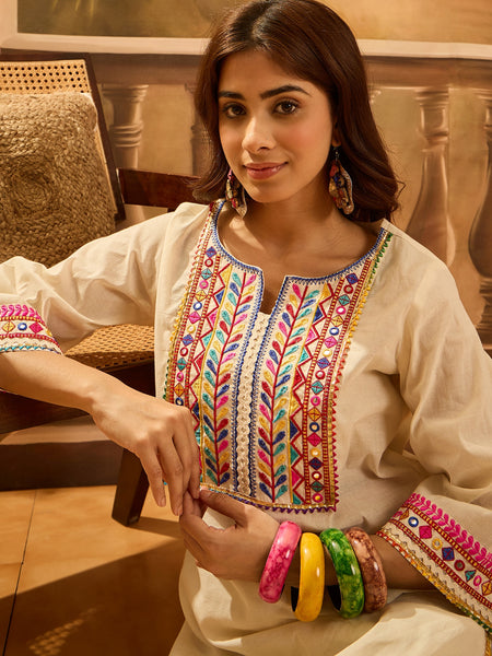 Pure Cotton Floral Embroidered Tunic With Pant