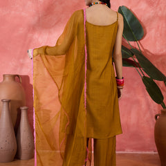 Embroidered Shoulder Straps Straight Kurta With Trousers & Dupatta