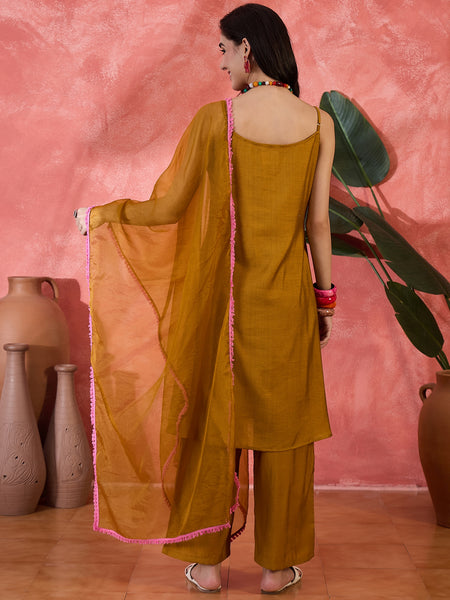 Embroidered Shoulder Straps Straight Kurta With Trousers & Dupatta