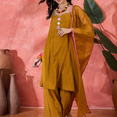 Embroidered Shoulder Straps Straight Kurta With Trousers & Dupatta