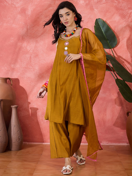 Embroidered Shoulder Straps Straight Kurta With Trousers & Dupatta