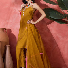 Embroidered Shoulder Straps Straight Kurta With Trousers & Dupatta
