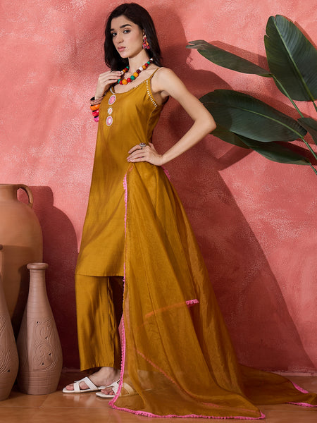 Embroidered Shoulder Straps Straight Kurta With Trousers & Dupatta