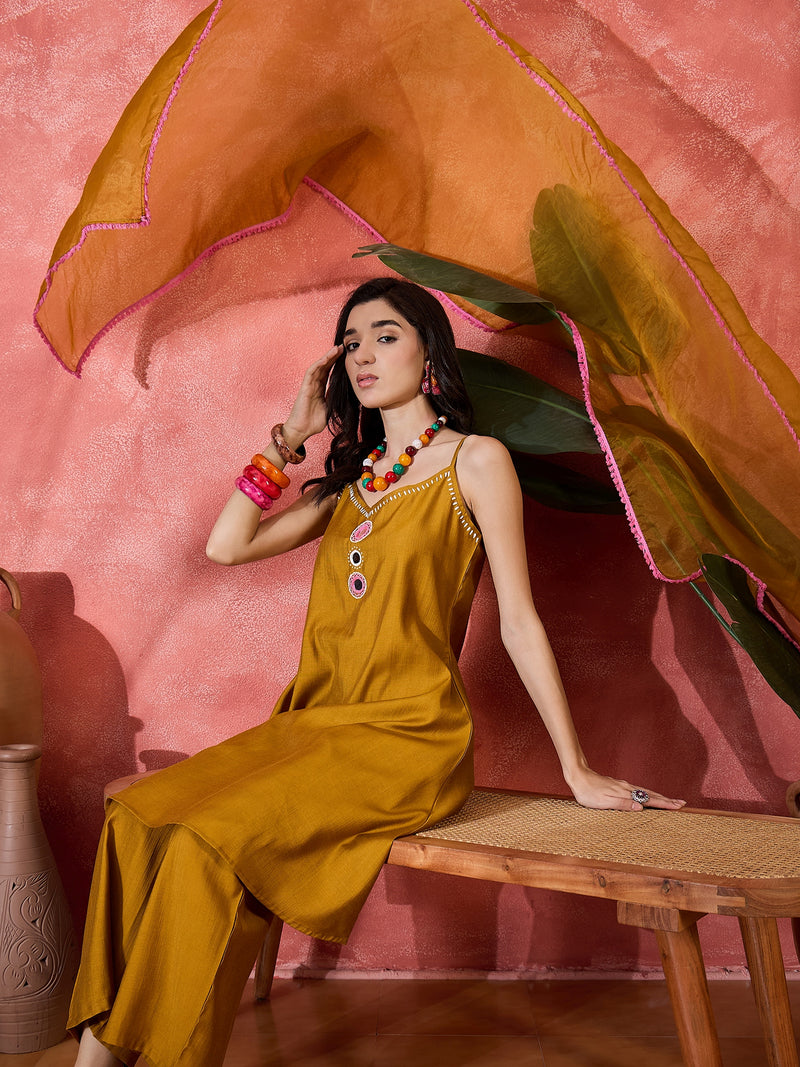 Embroidered Shoulder Straps Straight Kurta With Trousers & Dupatta