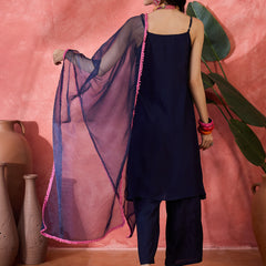 Embroidered Shoulder Straps Straight Kurta With Trousers & Dupatta
