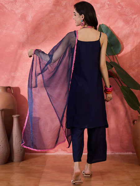Embroidered Shoulder Straps Straight Kurta With Trousers & Dupatta