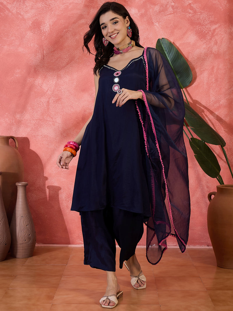 Embroidered Shoulder Straps Straight Kurta With Trousers & Dupatta