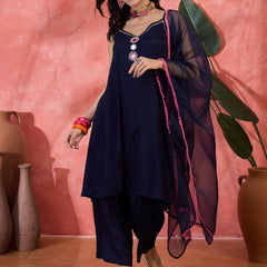 Embroidered Shoulder Straps Straight Kurta With Trousers & Dupatta
