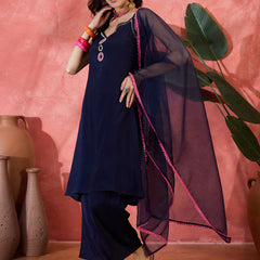 Embroidered Shoulder Straps Straight Kurta With Trousers & Dupatta