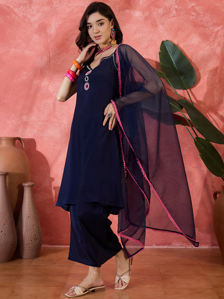 Embroidered Shoulder Straps Straight Kurta With Trousers & Dupatta
