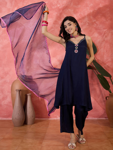 Embroidered Shoulder Straps Straight Kurta With Trousers & Dupatta