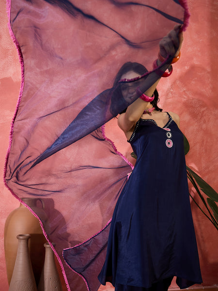 Embroidered Shoulder Straps Straight Kurta With Trousers & Dupatta