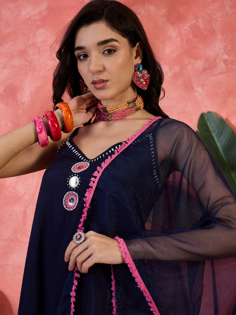Embroidered Shoulder Straps Straight Kurta With Trousers & Dupatta