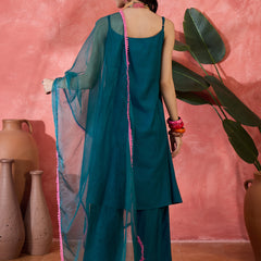 Embroidered Shoulder Straps Straight Kurta With Trousers & Dupatta