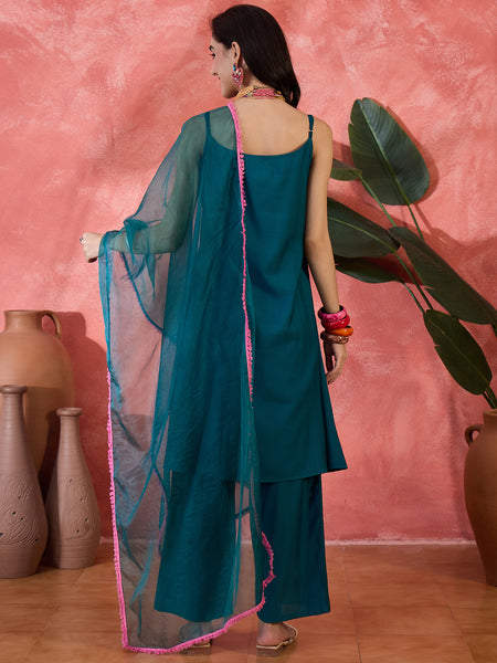 Embroidered Shoulder Straps Straight Kurta With Trousers & Dupatta