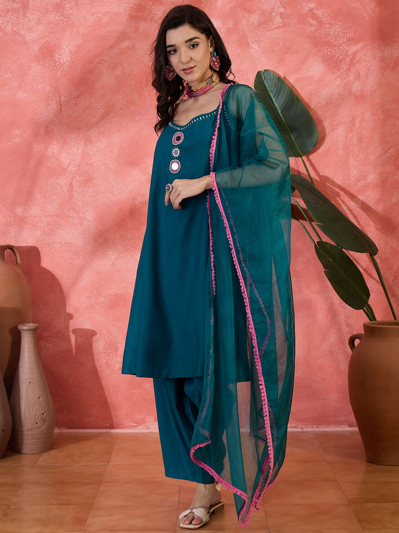 Embroidered Shoulder Straps Straight Kurta With Trousers & Dupatta