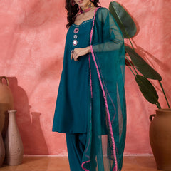 Embroidered Shoulder Straps Straight Kurta With Trousers & Dupatta