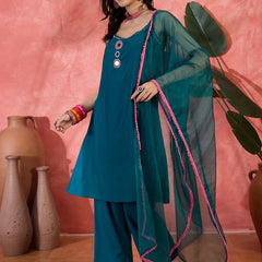Embroidered Shoulder Straps Straight Kurta With Trousers & Dupatta