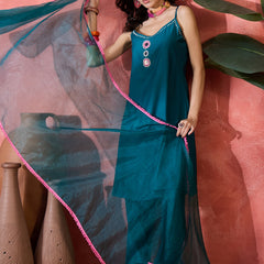 Embroidered Shoulder Straps Straight Kurta With Trousers & Dupatta