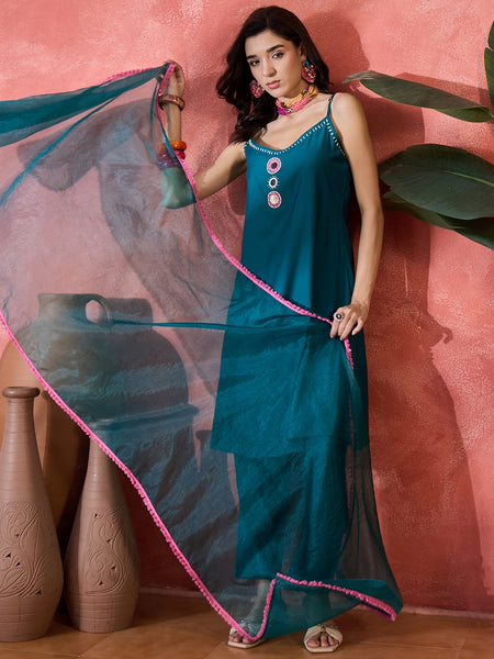 Embroidered Shoulder Straps Straight Kurta With Trousers & Dupatta