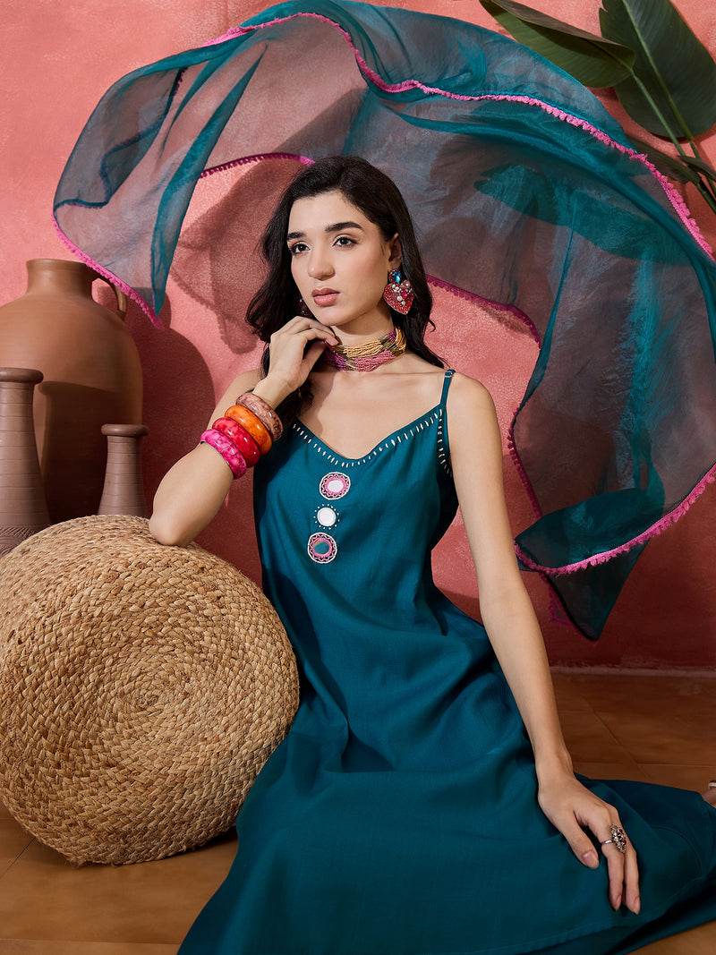 Embroidered Shoulder Straps Straight Kurta With Trousers & Dupatta