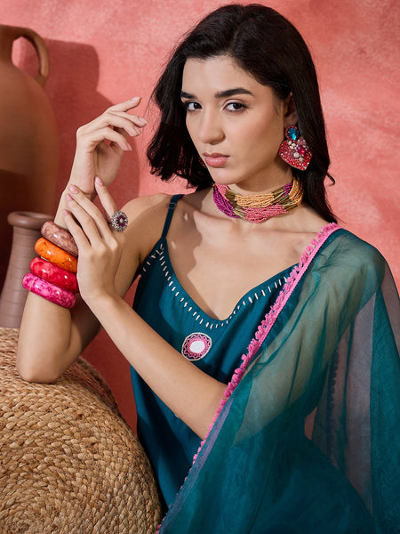Embroidered Shoulder Straps Straight Kurta With Trousers & Dupatta