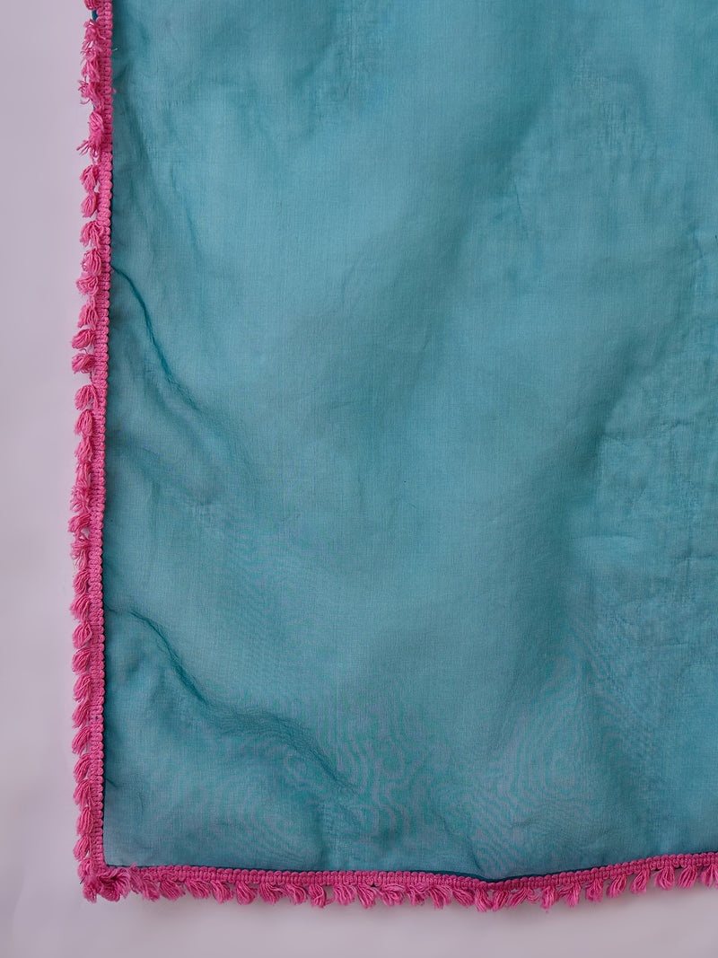 Embroidered Shoulder Straps Straight Kurta With Trousers & Dupatta