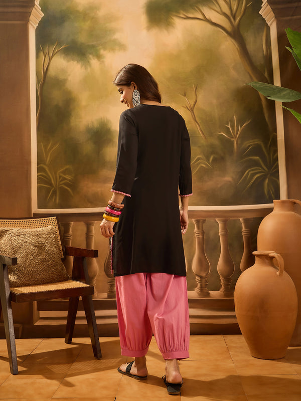 Black Embroidered Kurta with Pink Patiala Set