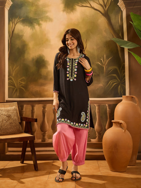 Black Embroidered Kurta with Pink Patiala Set