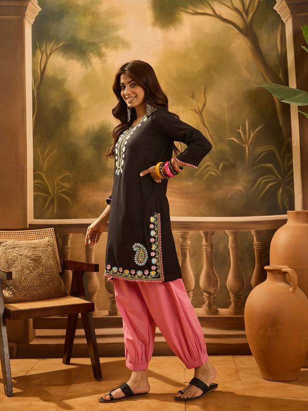 Black Embroidered Kurta with Pink Patiala Set