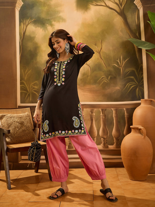 Black Embroidered Kurta with Pink Patiala Set