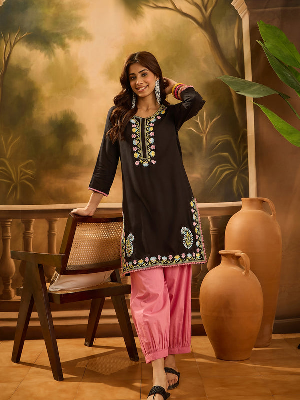 Black Embroidered Kurta with Pink Patiala Set