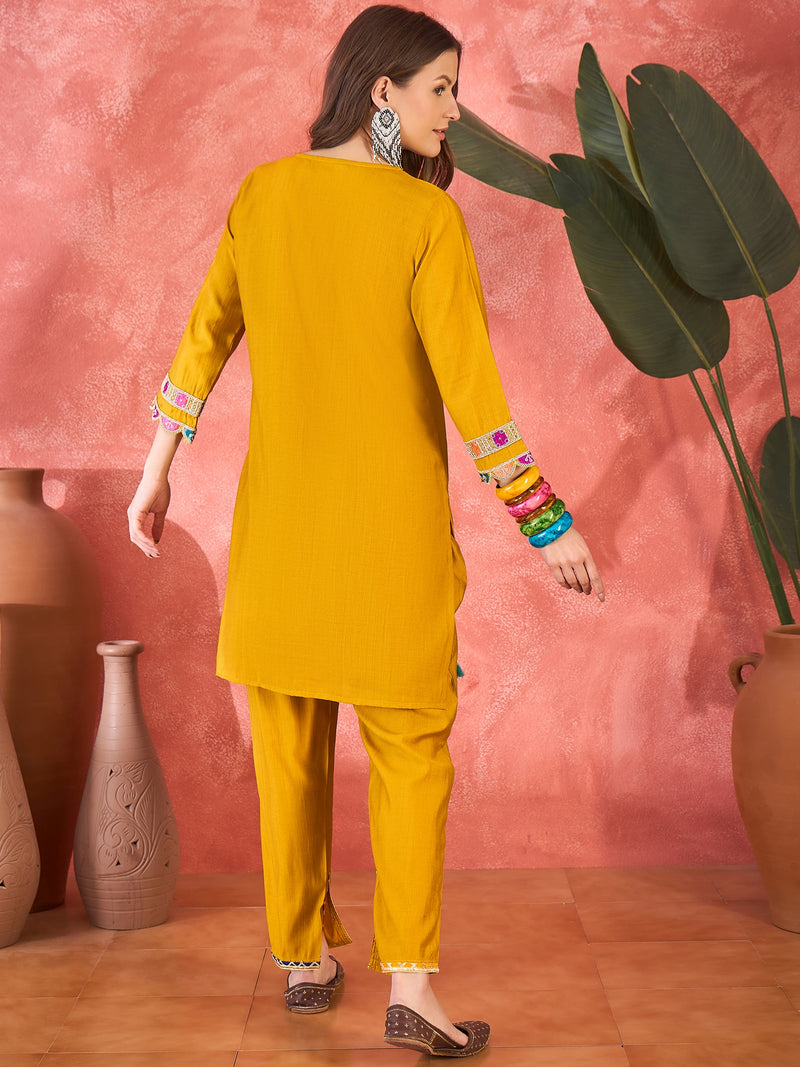 Yellow Embroidered Tunic With Trouser & Bags Co-Ords Set