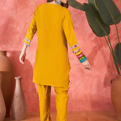 Yellow Embroidered Tunic With Trouser & Bags Co-Ords Set