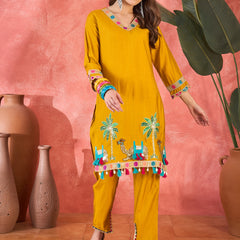 Yellow Embroidered Tunic With Trouser & Bags Co-Ords Set