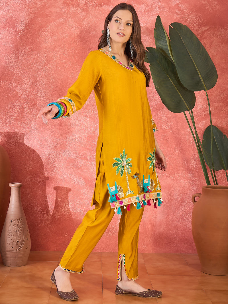 Yellow Embroidered Tunic With Trouser & Bags Co-Ords Set