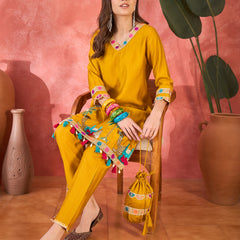 Yellow Embroidered Tunic With Trouser & Bags Co-Ords Set