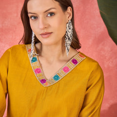 Yellow Embroidered Tunic With Trouser & Bags Co-Ords Set