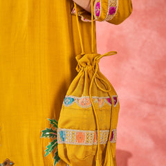 Yellow Embroidered Tunic With Trouser & Bags Co-Ords Set
