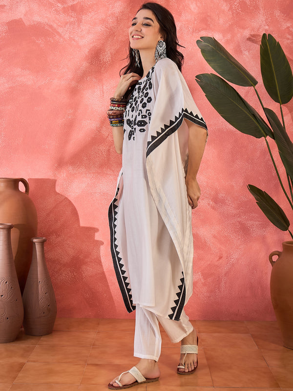Embroidered Round Mirror work Kaftan With Trousers