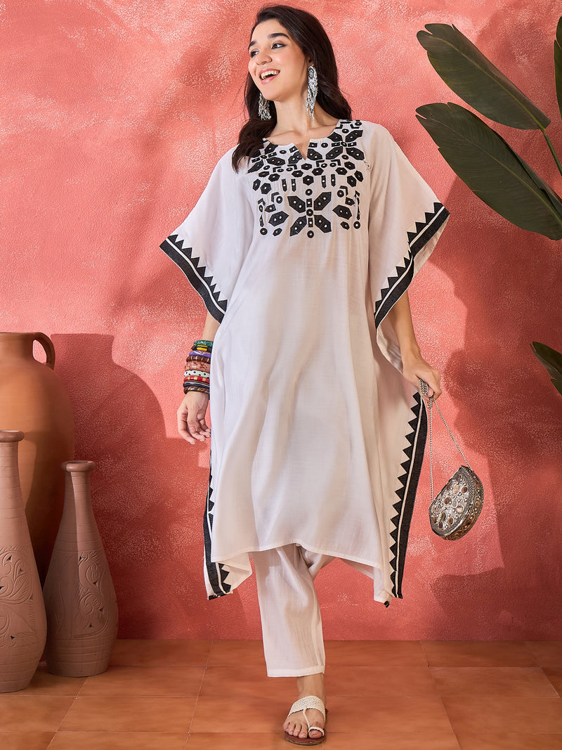 Geometric Embroidered & Mirror Work Kaftan Kurta With Trouser