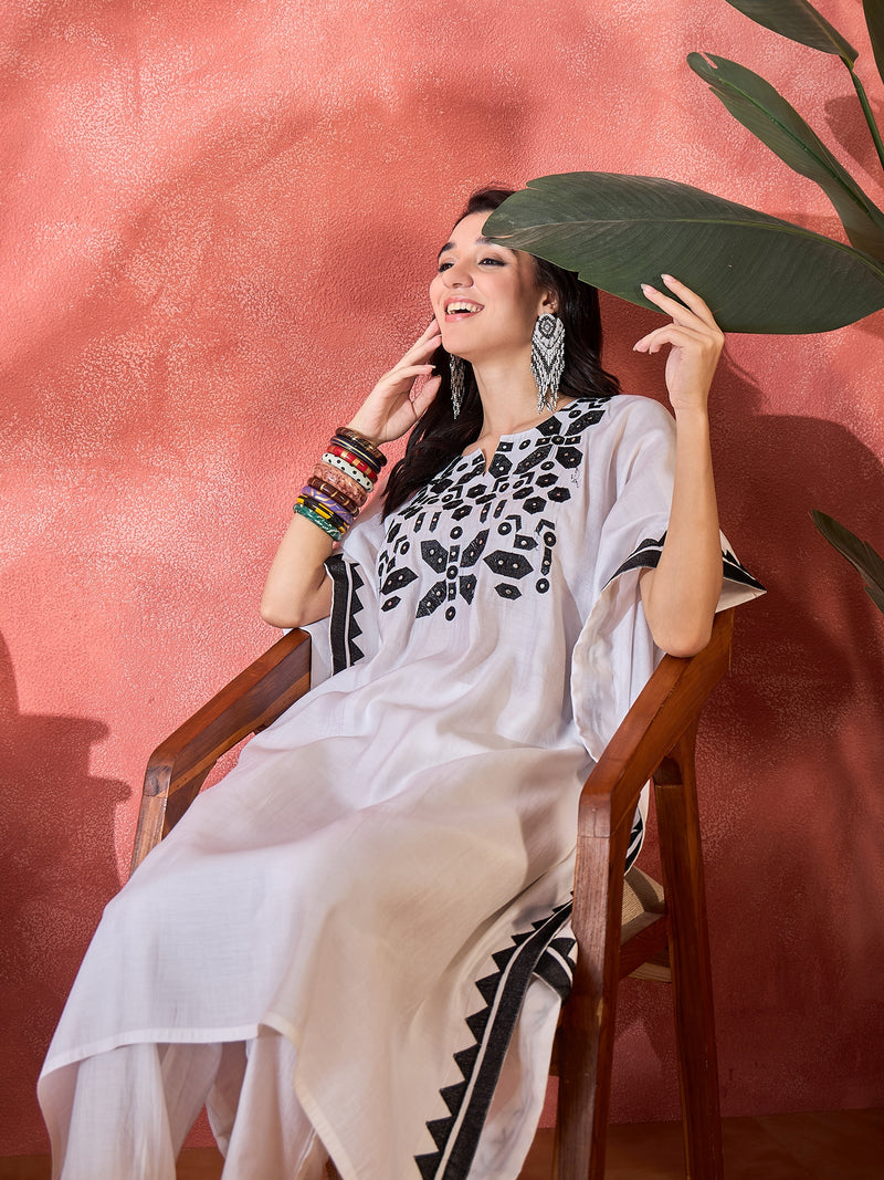 Geometric Embroidered & Mirror Work Kaftan Kurta With Trouser