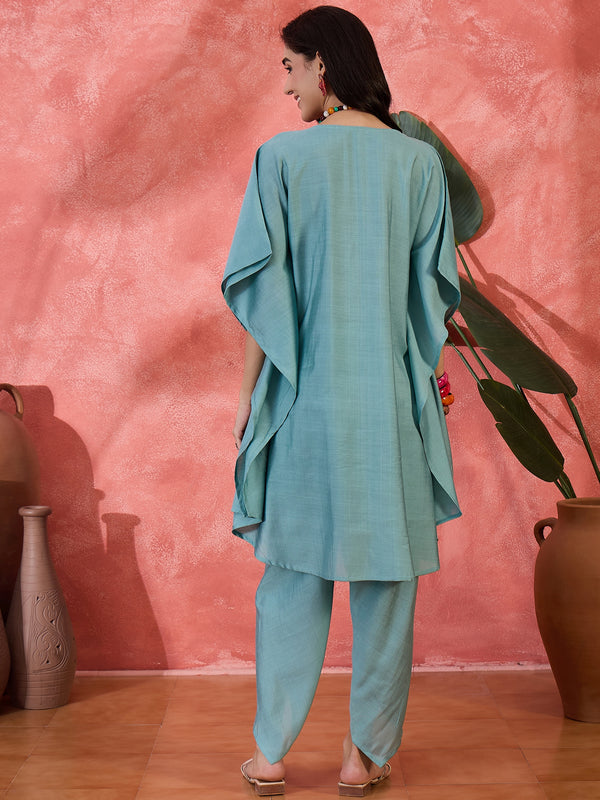 Embroidered V-Neck Mirror work Kaftan With Dhoti Pant