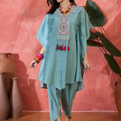 Embroidered V-Neck Mirror work Kaftan With Dhoti Pant