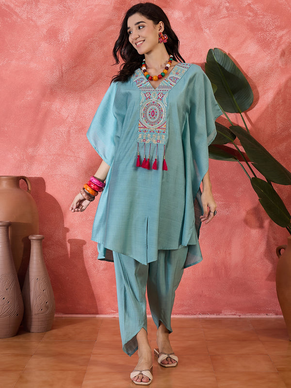 Embroidered V-Neck Mirror work Kaftan With Dhoti Pant