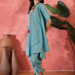 Embroidered V-Neck Mirror work Kaftan With Dhoti Pant