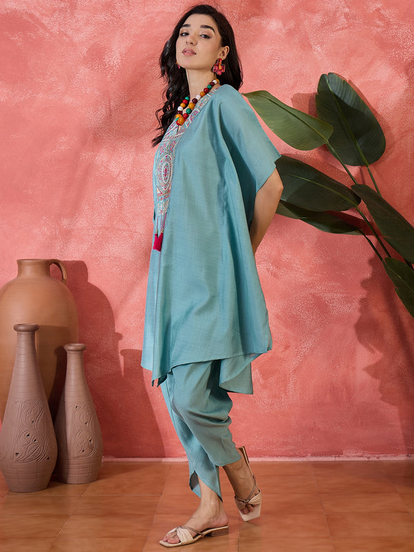 Embroidered V-Neck Mirror work Kaftan With Dhoti Pant