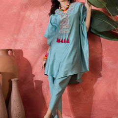 Embroidered V-Neck Mirror work Kaftan With Dhoti Pant
