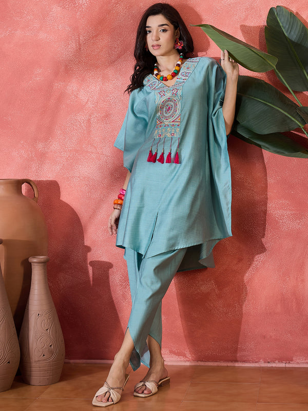 Embroidered V-Neck Mirror work Kaftan With Dhoti Pant